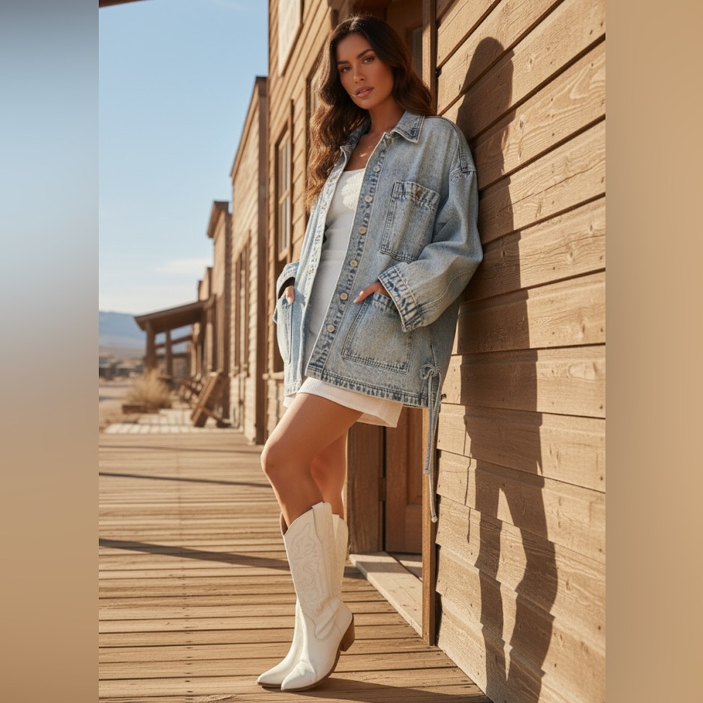 🆕 Oversized Light Wash Denim Utility Jacket | Boho Western Side-Tie Shacket